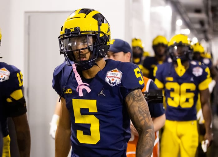 Dec 31, 2022; Glendale, Arizona, USA; Michigan Wolverines defensive back DJ Turner (5) against the TCU Horned Frogs in the 2022 Fiesta Bowl at State Farm Stadium. Mandatory Credit: Mark J. Rebilas-USA TODAY Sports